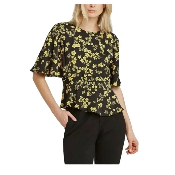 Who What Wear Women's Yellow Floral Top Tee Blouse Round Neck Short Sleeve Sz S - Picture 1 of 10